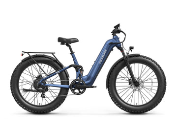 Labrador Pro ST electric mountain bike with step-through frame, full suspension and fat tires side view.