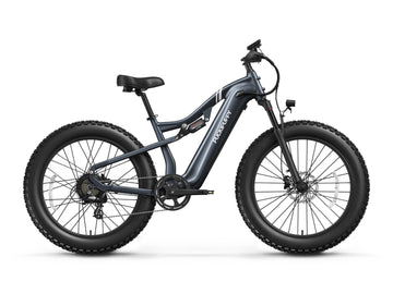 Metallic Gray Labrador Pro electric mountain bike with full suspension and fat tires side view.